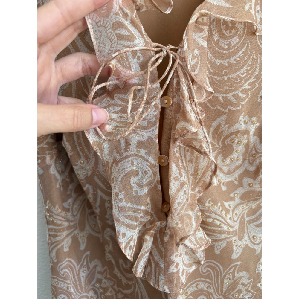 ICE Womens Silk Paisley Beaded Ruffle Tie Front Sleeveless Blouse Tan Cream M - Picture 3 of 5